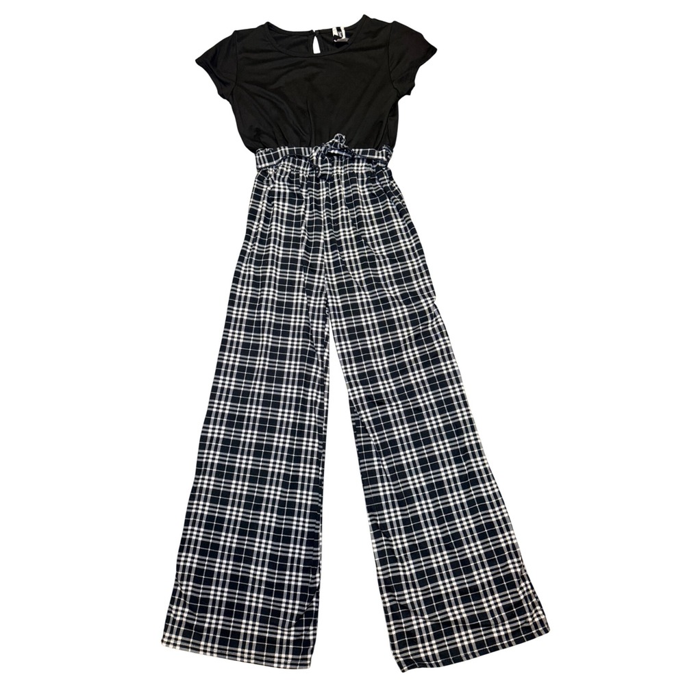 Y2K Plaid Wide Leg Jumpsuit Paperbag Waist Black White Minimal Size L
